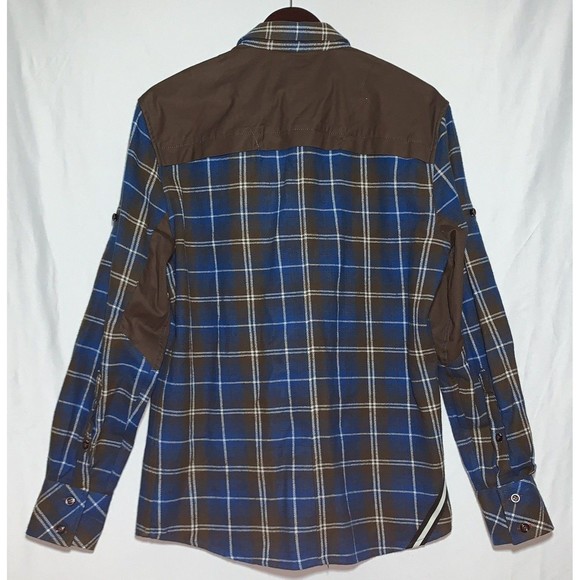 Cavi Mens Flannel Plaid Overshirt Size M Roll Tab Blue Brown Pockets Windowpane - Picture 2 of 12